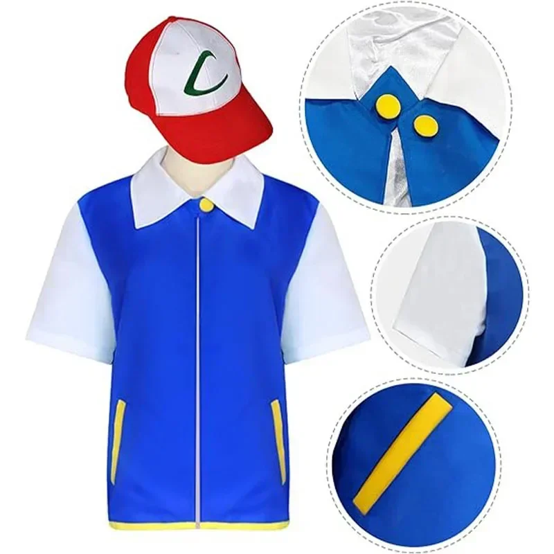New Adult Ash Ketchum Costume for Halloween Men Anime Trainer Super Cosplay Women Disfraz Party Blue Jacket Cap and Gloves Sets