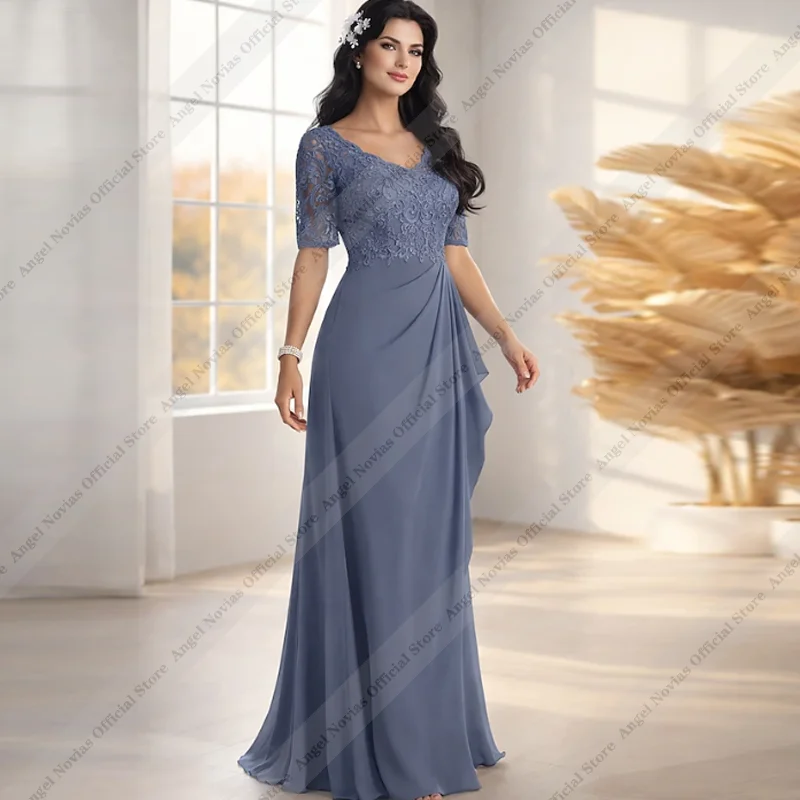 Vestidos largos azul tormenta para la madre de la novia 2026 con cuello en V, vestido de fiesta para bodas, vestidos madre de novia para bodas