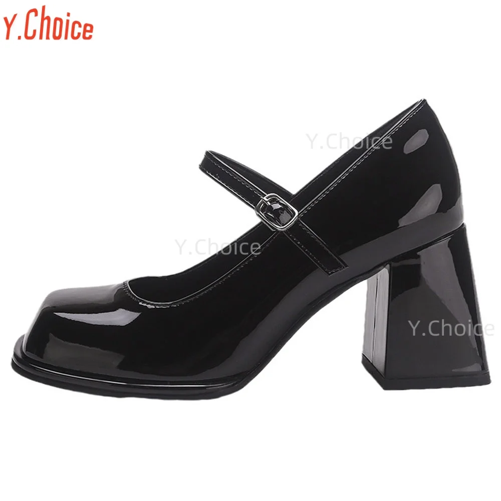 

Y.Choice Lolita High-heel Shoes Women Square Toe Black Thick Soled Buckle Leather Shoes Retro College style High Heels Shoes