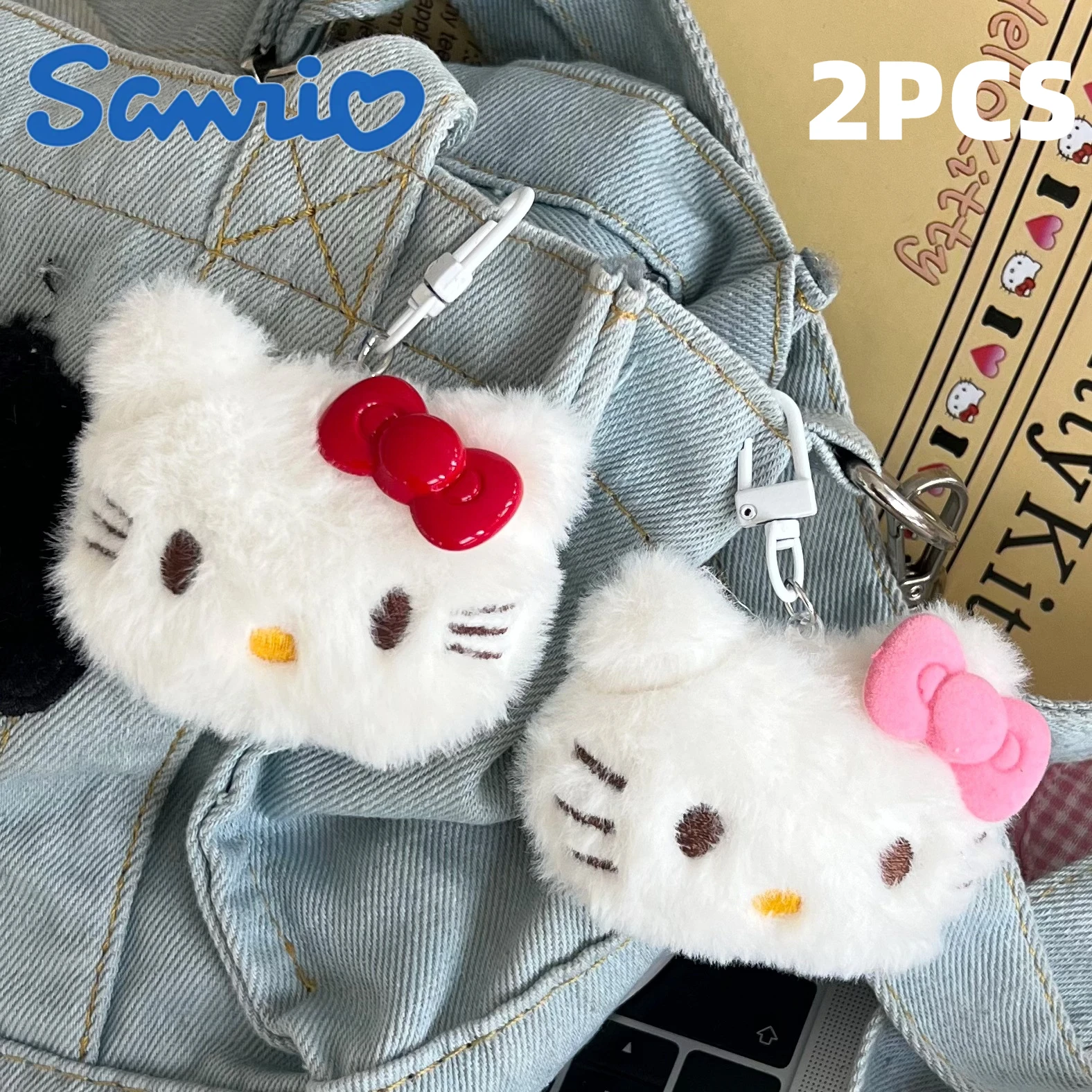 Kawaii kt gato chaveiro de pelúcia branco vermelho dos desenhos animados pingente acessórios macio brinquedo de pelúcia presentes para amigos chaveiros sacos decoração