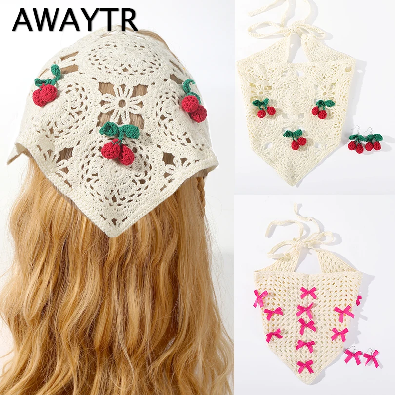 2PCS Bow Triangle Bandana Turban Crochet Hair Scarf Flower Cherry Hairband Knitted Headband for Women Pair Earrings Headwear