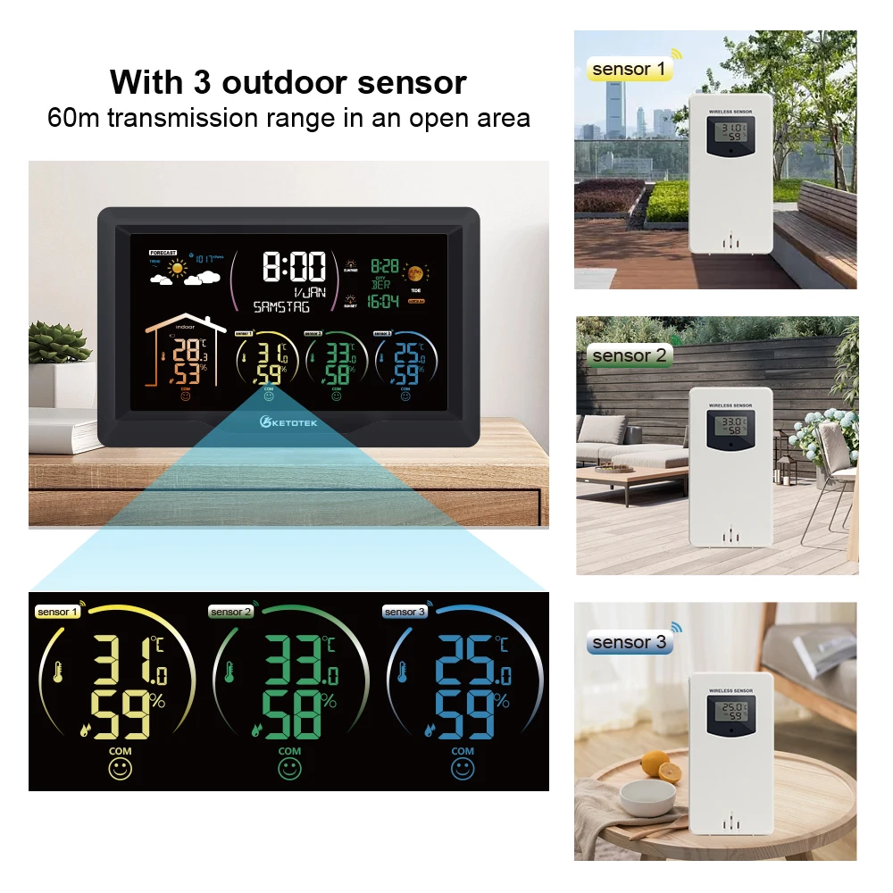 Stazione meteorologica Wireless Digital Indoor Outdoor previsioni igrometro misuratore di temperatura di umidità con 3 sensori