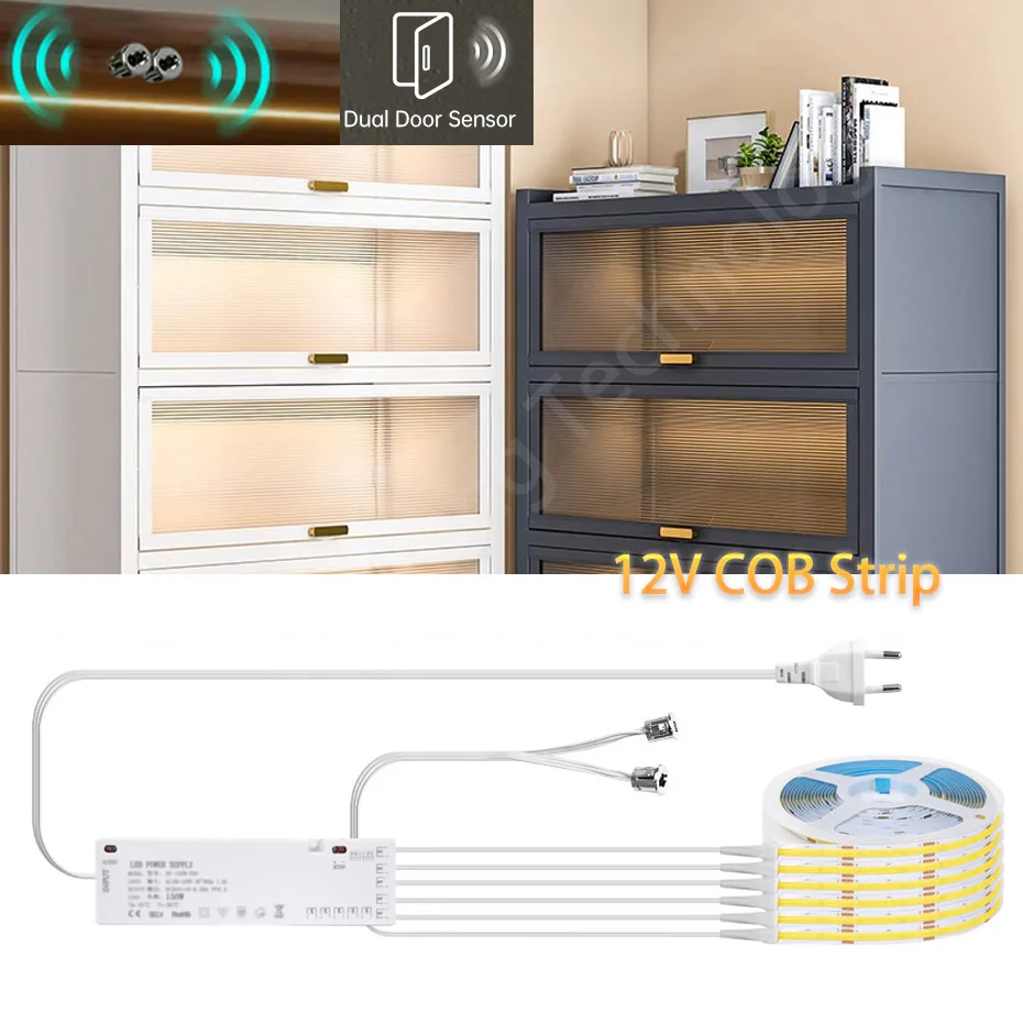 

12V COB LED Strip Light 1m-5m Dual Door Motion Control with Adhesive Backing for Glass Shelf Cabinet Wardrobe Lighting Decor