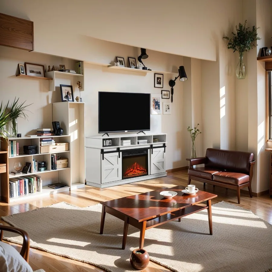 Moderne boerderij tv-mediastandaard grote schuur geïnspireerde home-entertainmentconsole met 23" inbouwhaard voor tv tot 65'' met