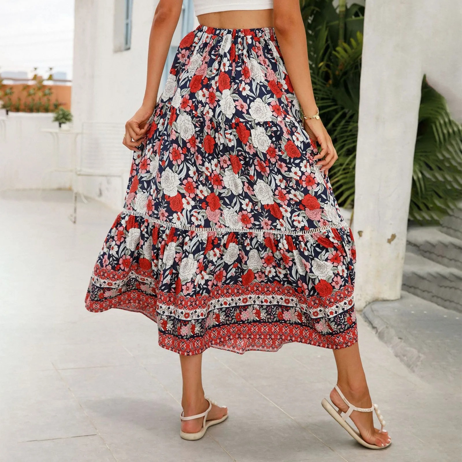 تنورات طويلة بالدانتيل للنساء ، تنورات مطبوعة بالزهور ، خصر مرن ، على شكل سطر ، عطلة ترفيهية ، اتجاه الموضة ، جديد