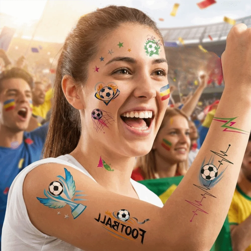 

Athletes Watercolor Soccer Them Temporary Tattoos Gradient Ball Body Stickers Cartoon Disposable Face Stickers Celebrating