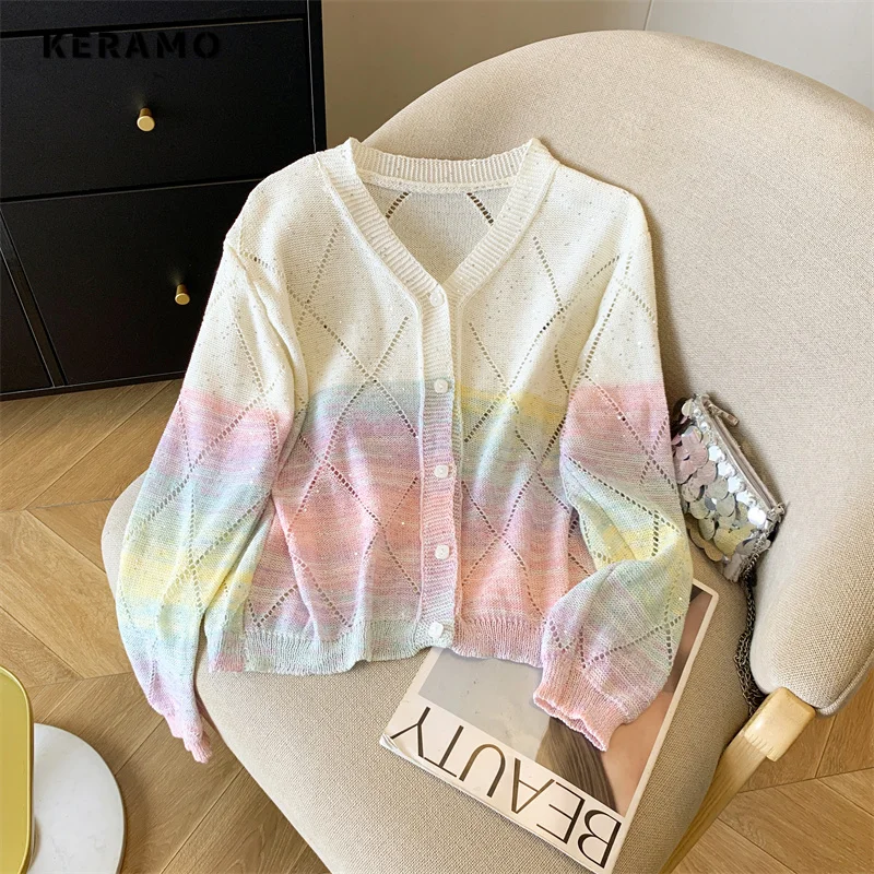 

Women Sweet Casual Knitting Long Sleeve V-Neck Cardigans 2025 Autumn Fashion Single Breasted Rainbow Print Elegant Sweater