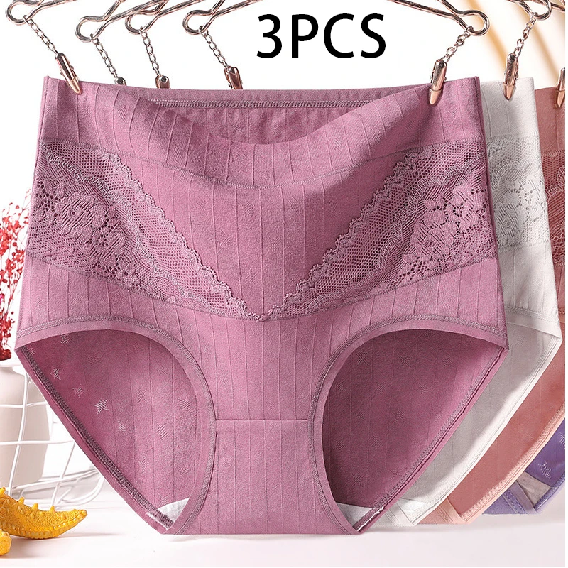 3pcs Cotton Women Panties Lady Plus Size Underwear Lace High Waist Briefs Breathable Solid Color Female Lingerie