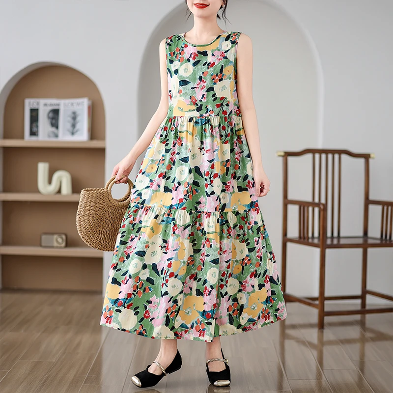 새로운 플러스 사이즈 플로럴 맥시 드레스, 엠파이어 웨이스트 A라인 스커트, 슬림 하이웨이스트 와이드 헴 드레스 (통통한 여성용)