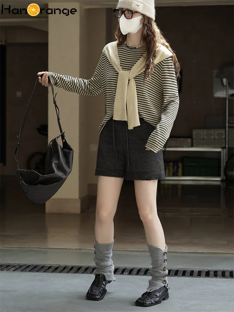 HanOrange 2025 가을 레트로 패션 신축성 있는 허리끈 니트 반바지 여성 반바지 연회색/진회색
