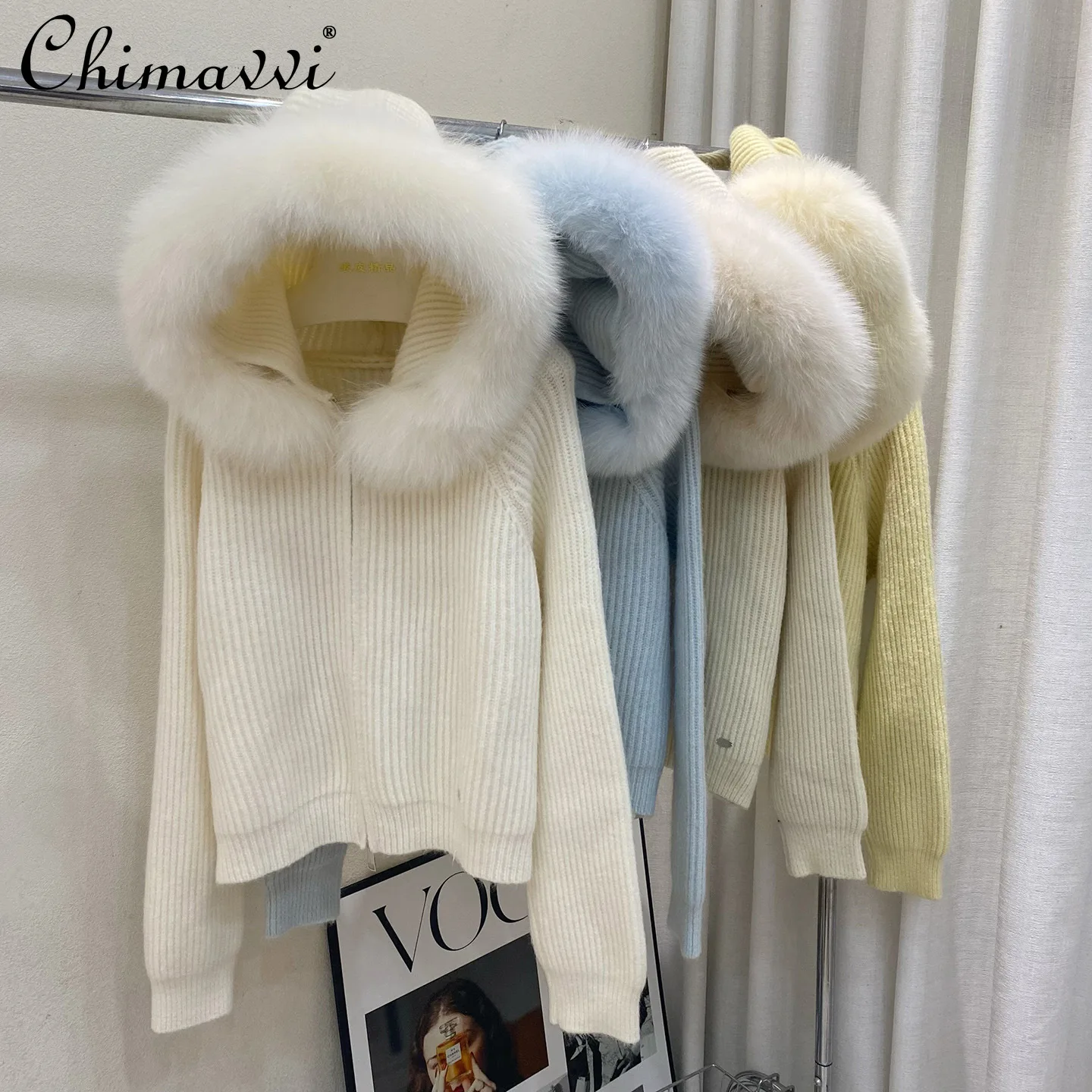 

Корейский стиль, элегантный модный вязаный свитер с капюшоном из лисьего меха, универсальный темпераментный повседневный короткий кардиган, куртки для женщин, осень