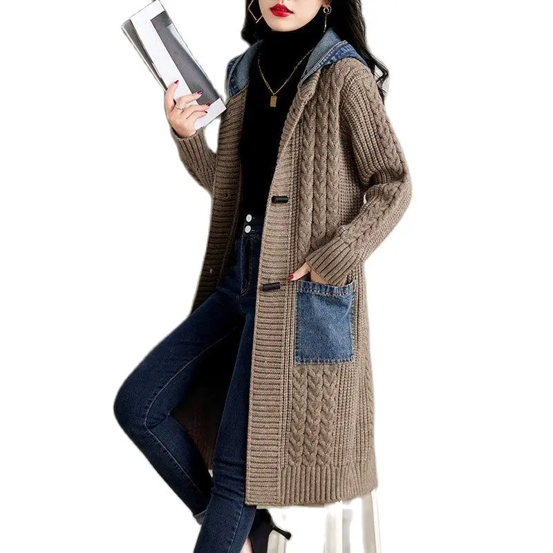 

2025 длинный вязаный свитер, кардиган, куртка, пальто, женское джинсовое пальто с капюшоном и карманами, свободное пальто, осень-зима, утепленные свитера, пальто