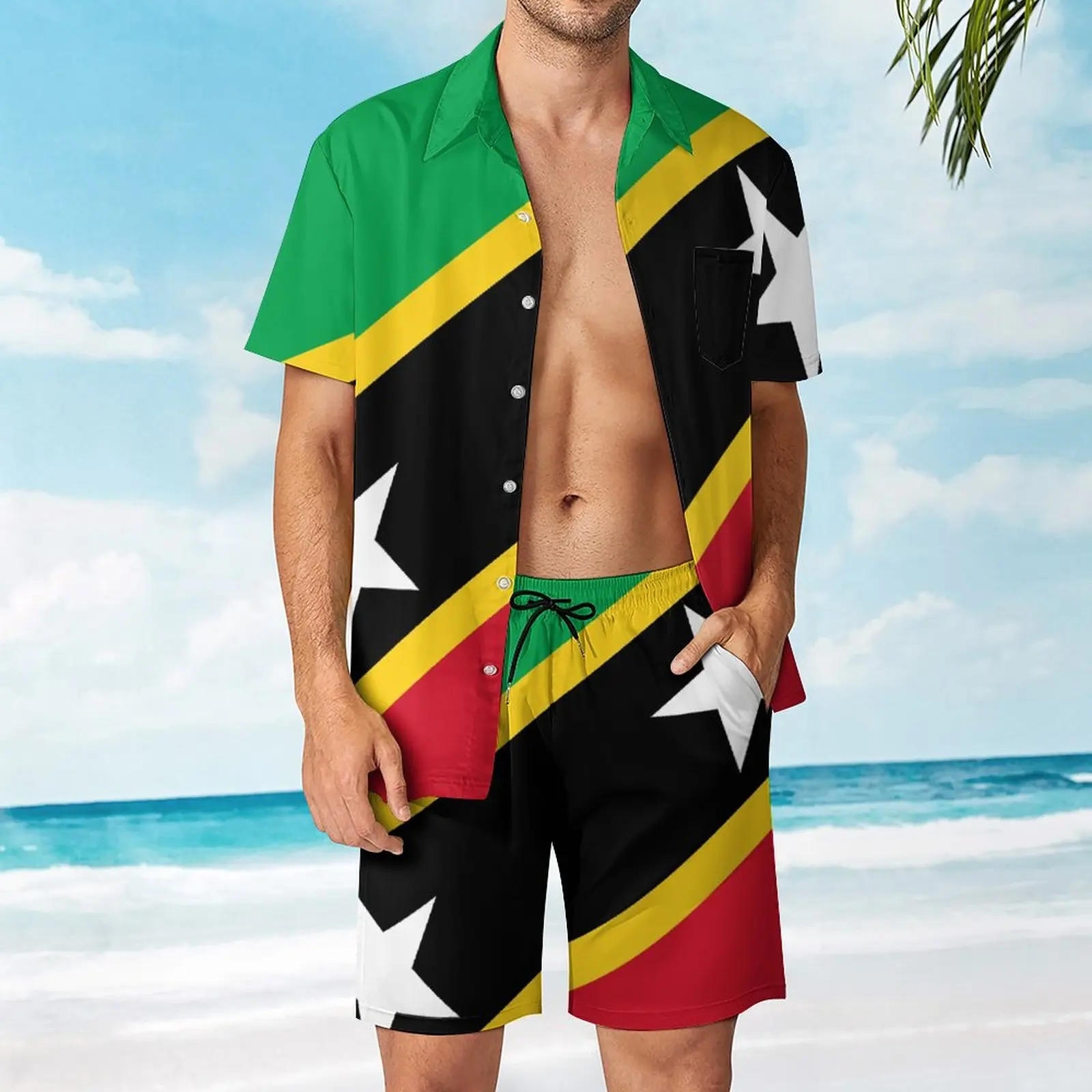 2 Pieces Suit St. Kitts And Nevis Flag Vintage Men\'s Beach Suit Top Quality Running Eur Size