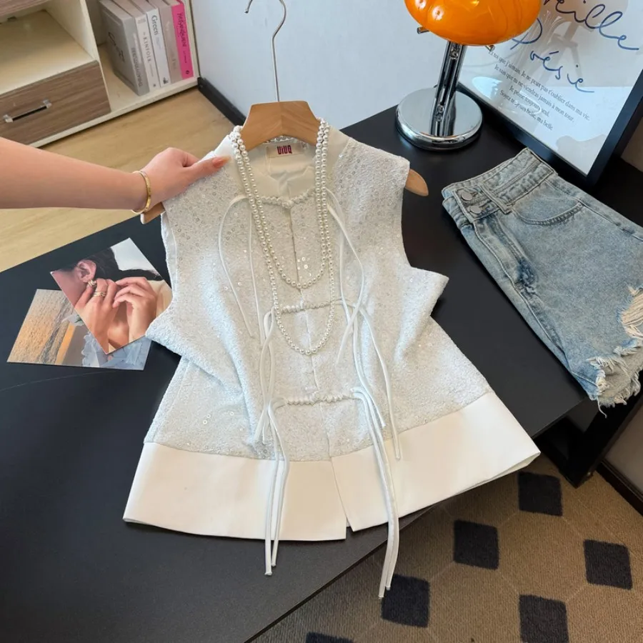 Handmade Chinese Style Reformed National Trend Sequin Small Stand Collar Button up Top Outerwear Women's Knitted Polyester