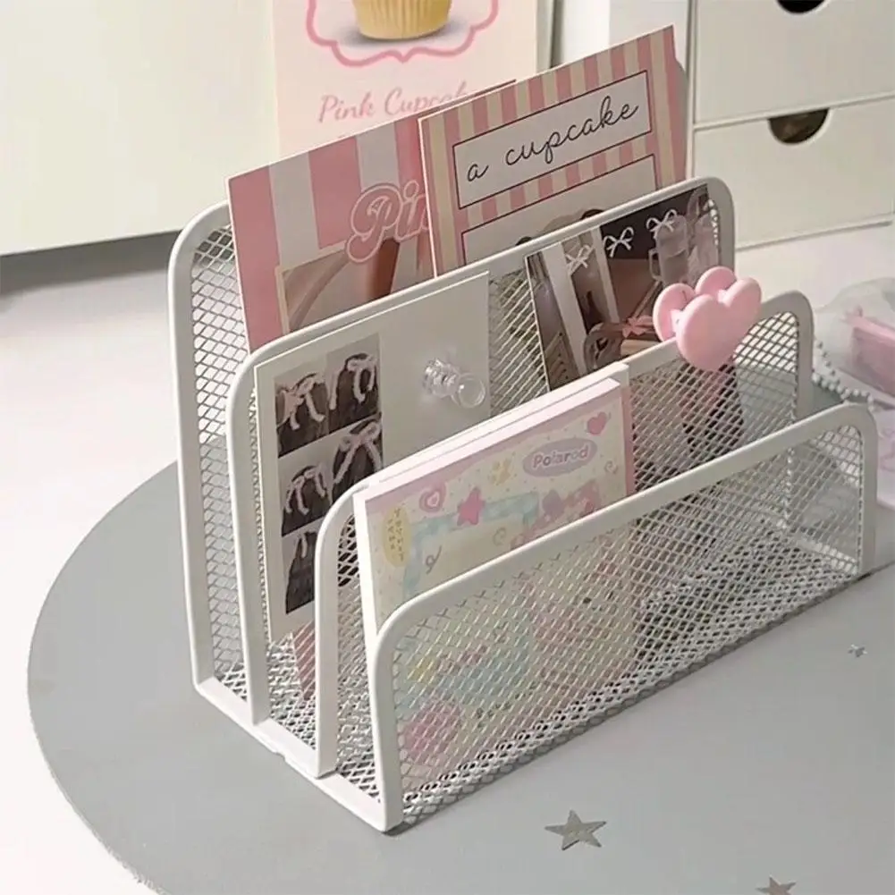 Notebook Stand Rack Office Small Letter Sorter Desktop File Holder Organizer Metal Mesh With 3 Vertical Upright Compartments