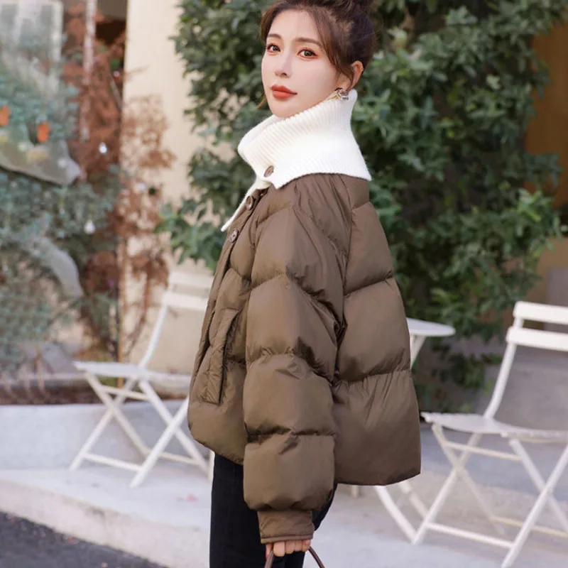 New Winter Knitt Stitching Down Cotton-Padded Women Overcoat Collar Contrast Color Cotton Jacket Short Thick Warm Parker Coats