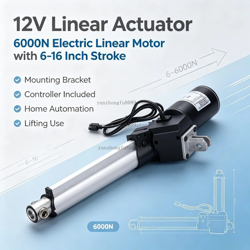 12V 3.05m Linear Actuator, 6000N Electric Linear Motor with 6–16 Inch Stroke, Mounting Bracket and Controlle