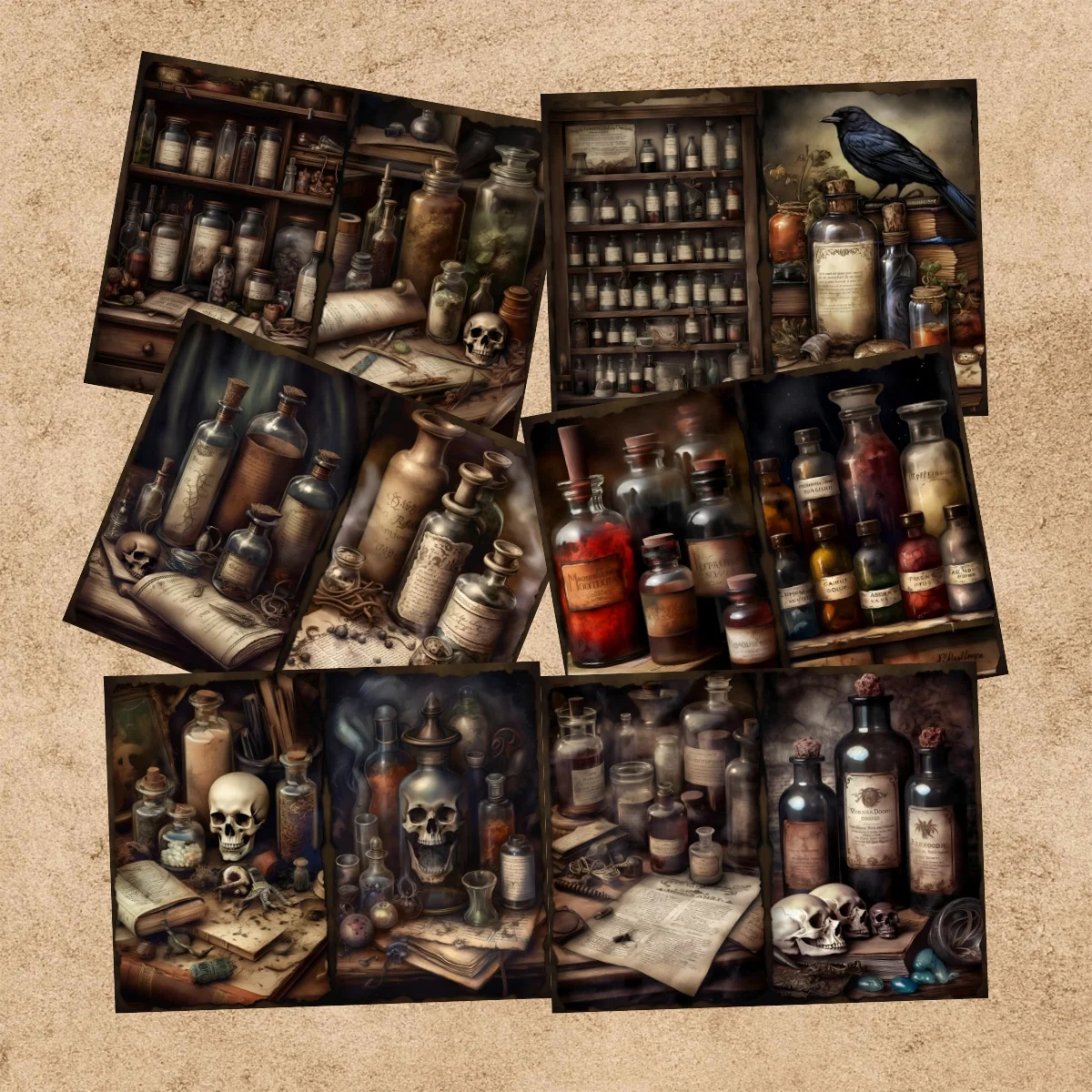 10 Sheets A5 Size Halloween Horror Skull Bottle Crow Background Vintage Grunge Journal Planning Scrapbooking