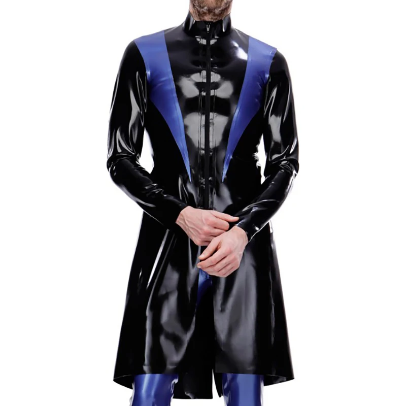 

Black And Blue Minister Sexy Latex Robe With Front Short Zipper Rubber Jacket Trench Coat Top Topcoat Overcoat 0355
