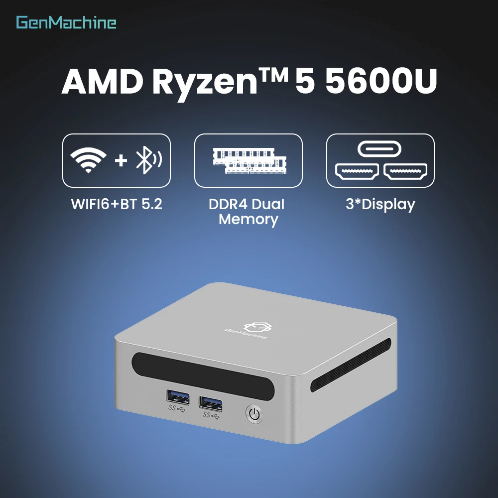 Genmachine Ryzen 5 5600U Mini PC - 6 Core 12 Thread, 15W Low Power, Radeon GPU, 4K HDMI, WiFi6, Compact for Productivity