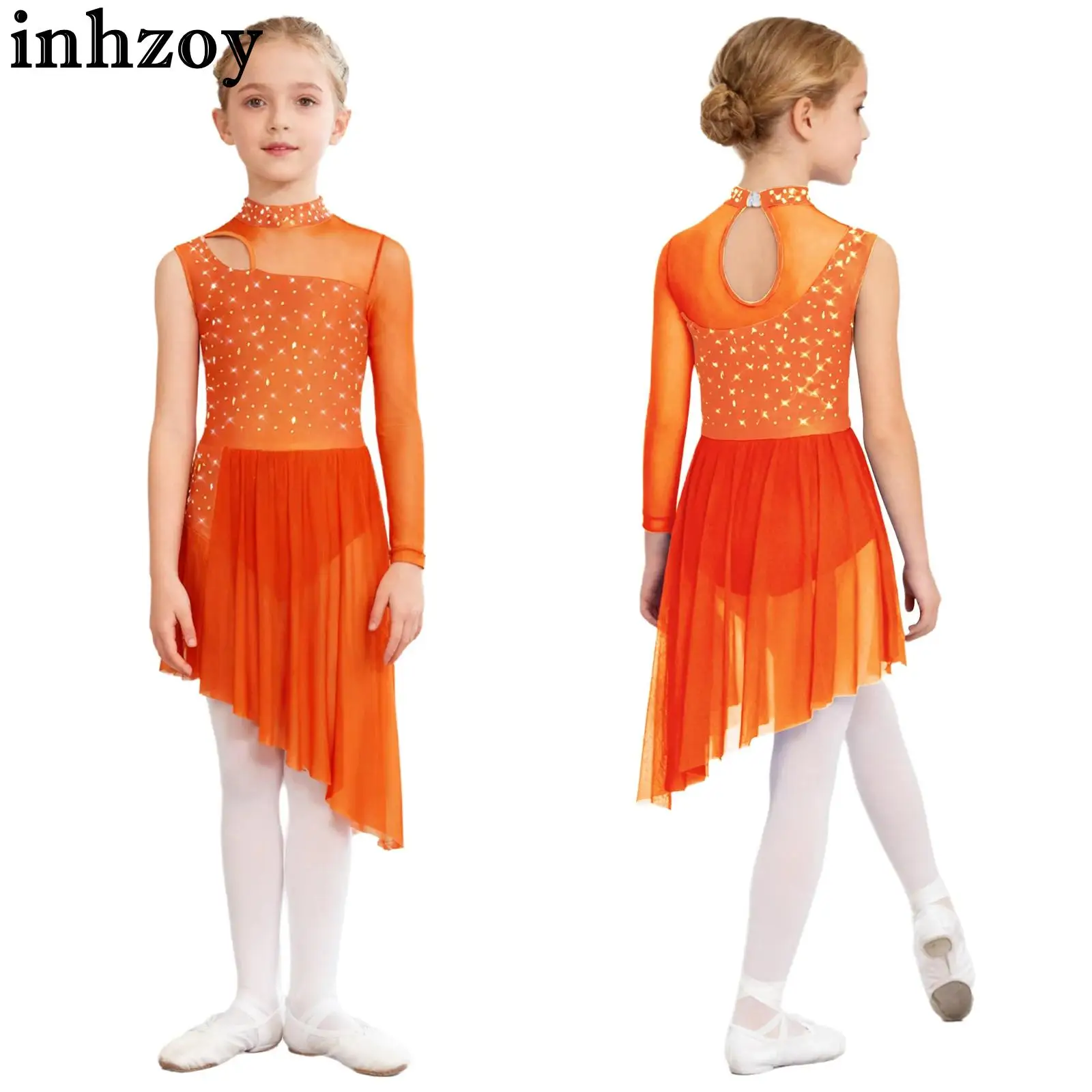 children Girls Modern Lyrical Dance Skating Gymnastics Acrobatics performance Costume Shiny Rhinestones Sheer Mesh Leotard Dress