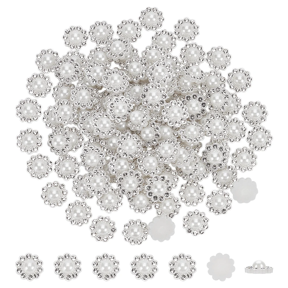 100 PCS Rhinestone Pearl Buttons 0.45x0.47x0.2inch White Flat Back Floral Pearl Buttons Without Hole Plastic Buttons Rhinestone