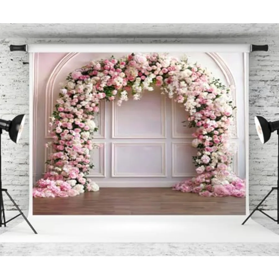 

8×8ft Pink Spring Gypsum Line Wall Photo Backdrop Indoor Empty Room Flower Arch Photography Background Wedding Studio Prop
