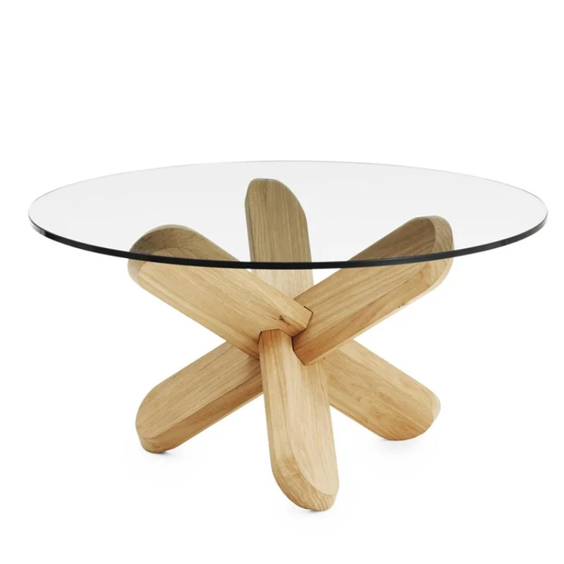 Modern Solid Wood round Tea Table Nordic Style Tempered Glass Top Light Luxury Creative Artistic Design for Small Apartments