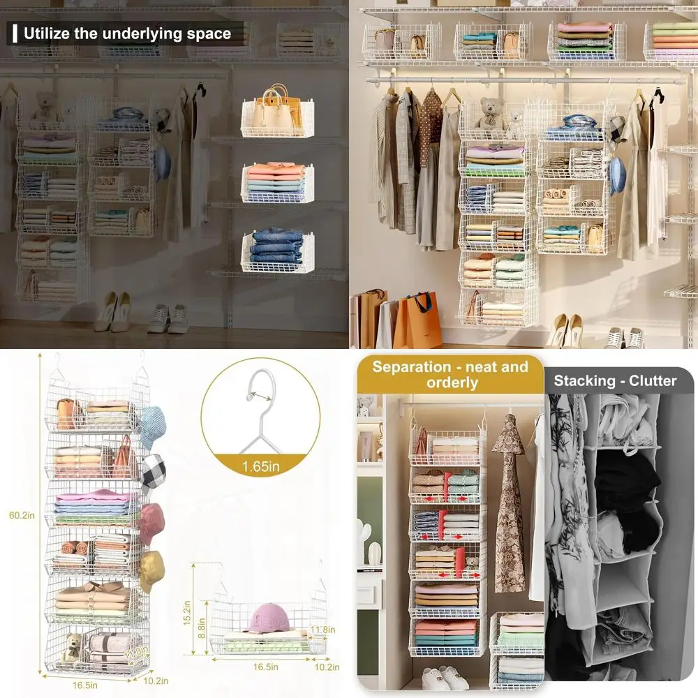 

6 Tier Extra Large Hanging Closet Organizer, Closet Storage Hanging with Dividers, Wire Closet Shel with 5 S Hooks 4 Dividers,Sw