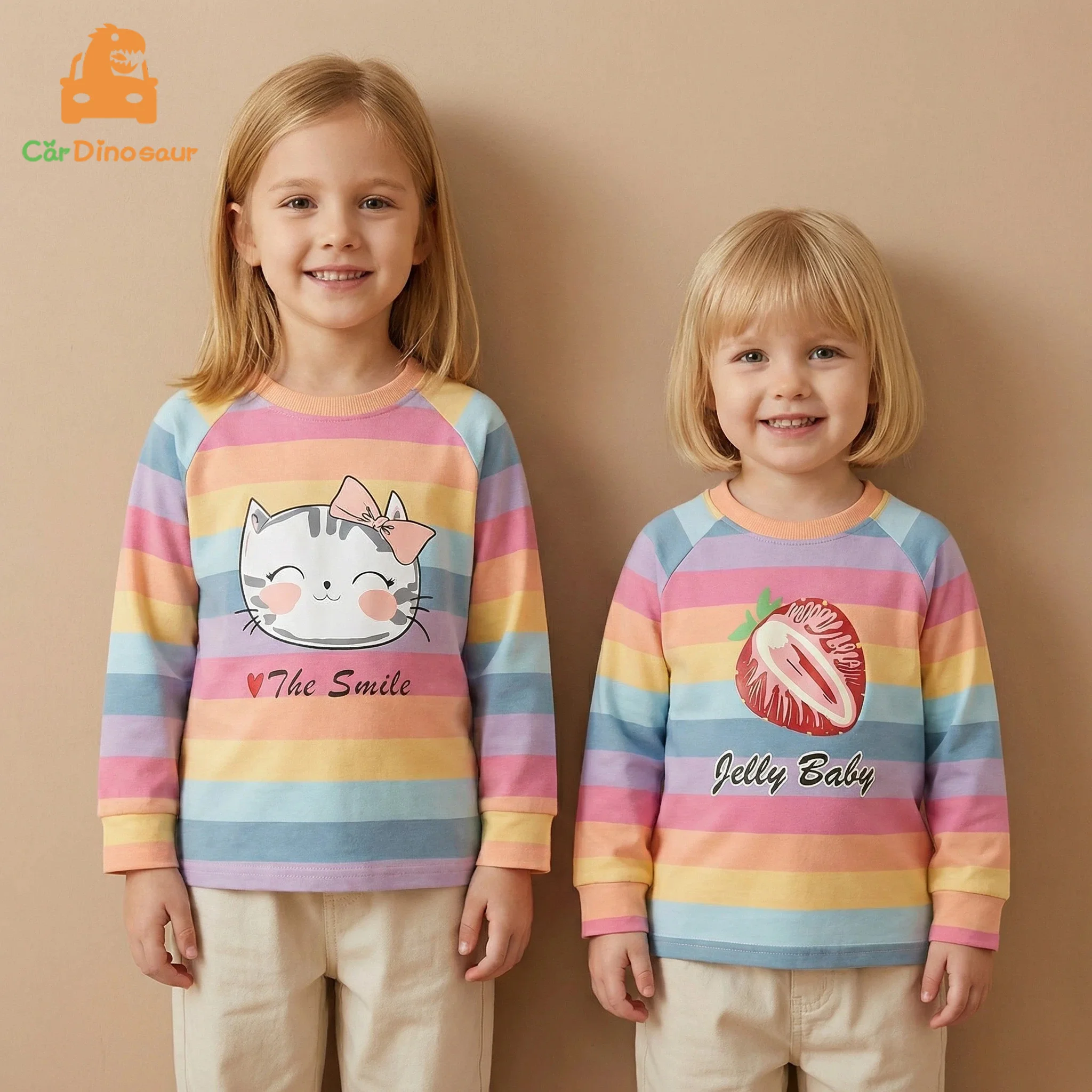 2026 Spring Autumn New 2 3 4 5 6 8 10 Years Children Cotton Cartoon Long Sleeve Colorful Stripe Baby Kids Girls Basic T-Shirt