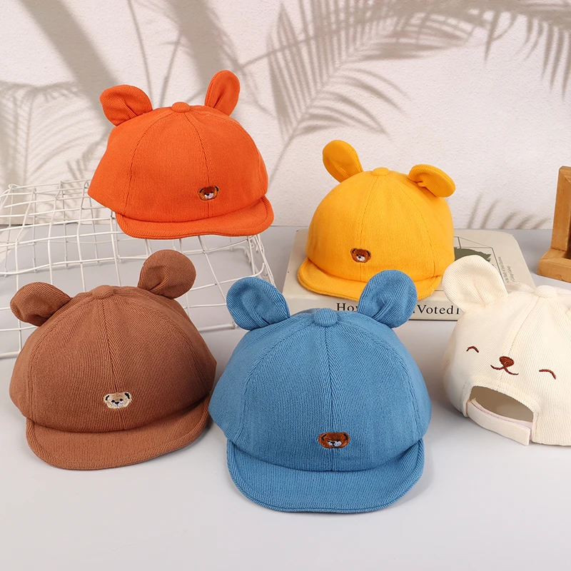 Cute Cartoon Bear Baby Baseball Hat With Ears Adjustable Solid Color Infant Peaked Cap Spring Summer Kids Cotton Sun Hats