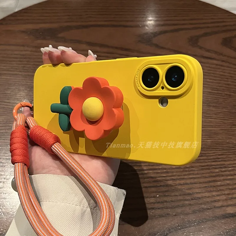 

Applicable Apple 16 case liquid yellow orange flower stand pearl handheld rope iPhone 15/13/12/11/14 pro max silicone case