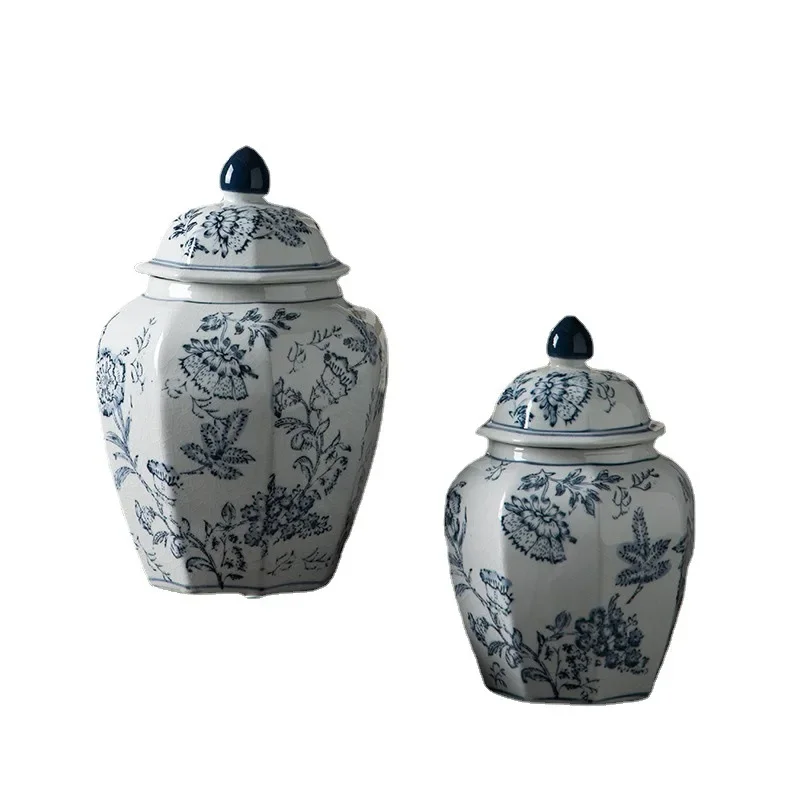 Ceramic Blue and White Porcelain Hand-painted Twig Pattern Octagonal General Pot Living Room Antique Ceramic Decoration