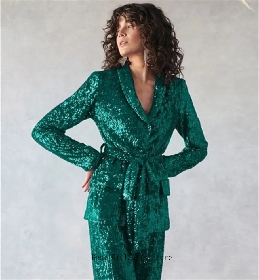 Set di abiti da donna con paillettes brillanti per la festa 2 pezzi Blazer con cintura + pantaloni abito da sera da ballo formale in moquette rossa su misura