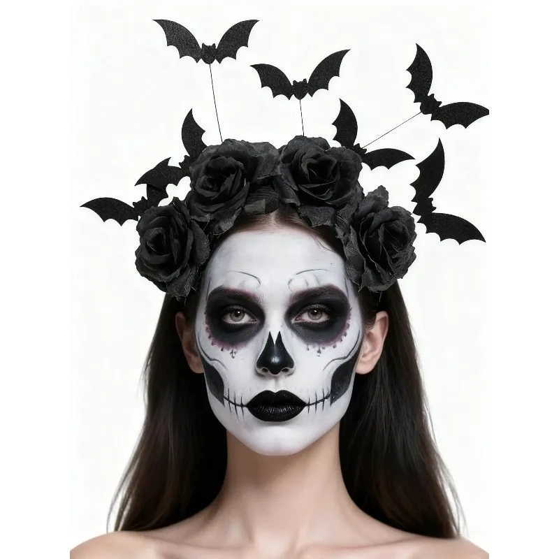 

Women's Halloween Headband, Devil Horns with Bats & Flowers, Day of the Dead Themed Hair Accessory for Party Role-Play Costume
