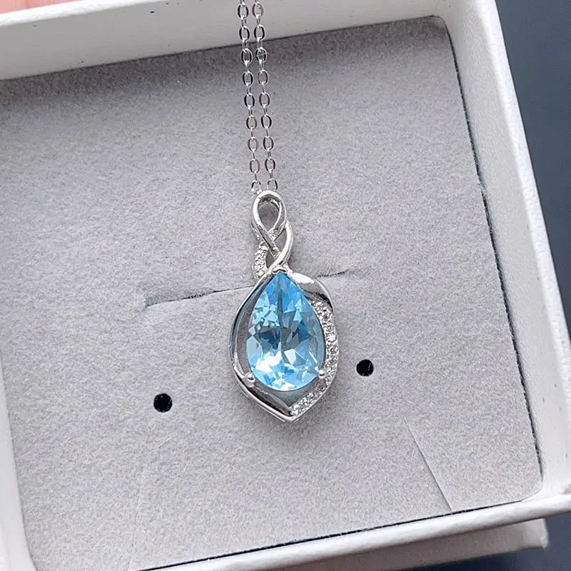 8*12mm water drop cut Topaz 925 Silver Pendant with jewelry with Certificate Blue Gemstone Silver Pendant for Daily Wear