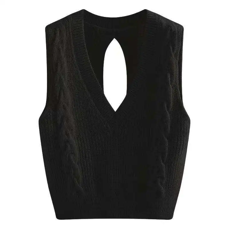 

iny Tead Women's ort Knitted Vest V-Ne Pullover Hollow out Design Ultra-Thin Ultra-ort Ultra-Chic White Top