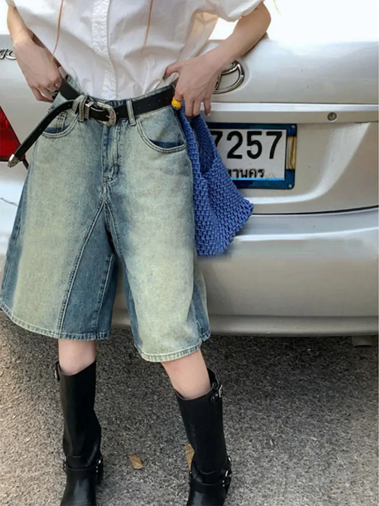 

High Waist Straight Leg Denim Shorts plus Size Women's Summer Slimming Wide Leg Five-Quarter Pants for Pear Shaped Body