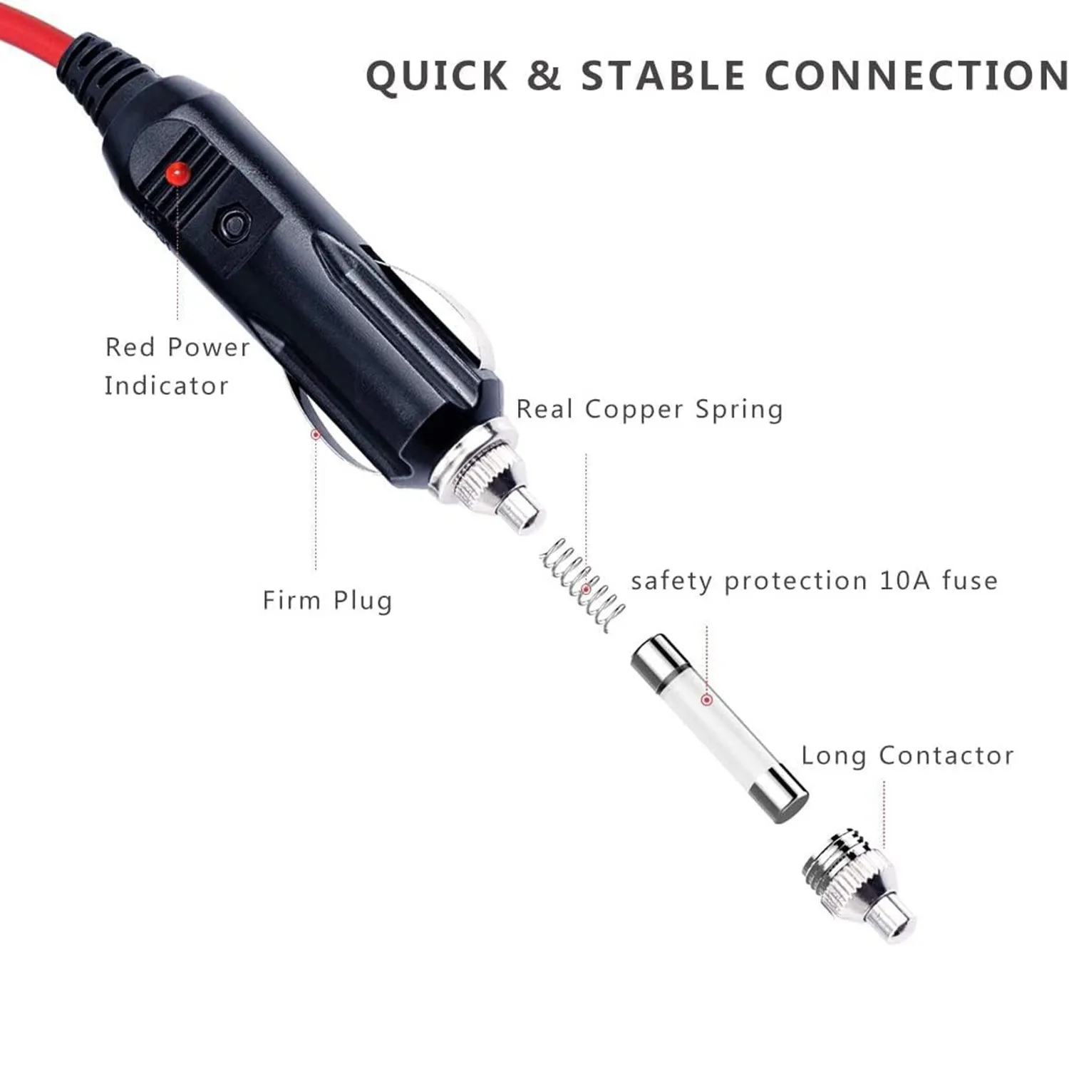 Male Cigarette Lighter to O Ring Terminal Harness Extension Cable - 12V-24V Power Supply Cord Adapter Fuse 15A 16AWG Cable Wire