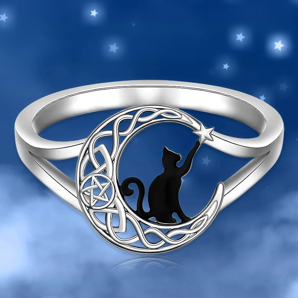 Fashionable and Delicate Black Cat and Moon Star Ring As A Gift for Family and Friends on Birthdays Anniversary Party Gifts,