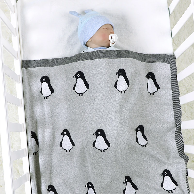 Manta de algodón para bebé, edredón de punto a cuadros de pingüino, urdimbre para cochecito infantil, 100x80CM, para recién nacido, cama, cuna, sofá, supersuave