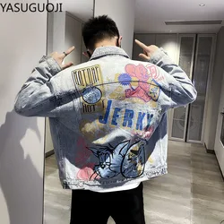 New 2024 Hip Pop Men Denim Jackets Japanese Cartoon Printed Loose Graffiti Jacket Frayed Coat Fashion Jean Jacket Men