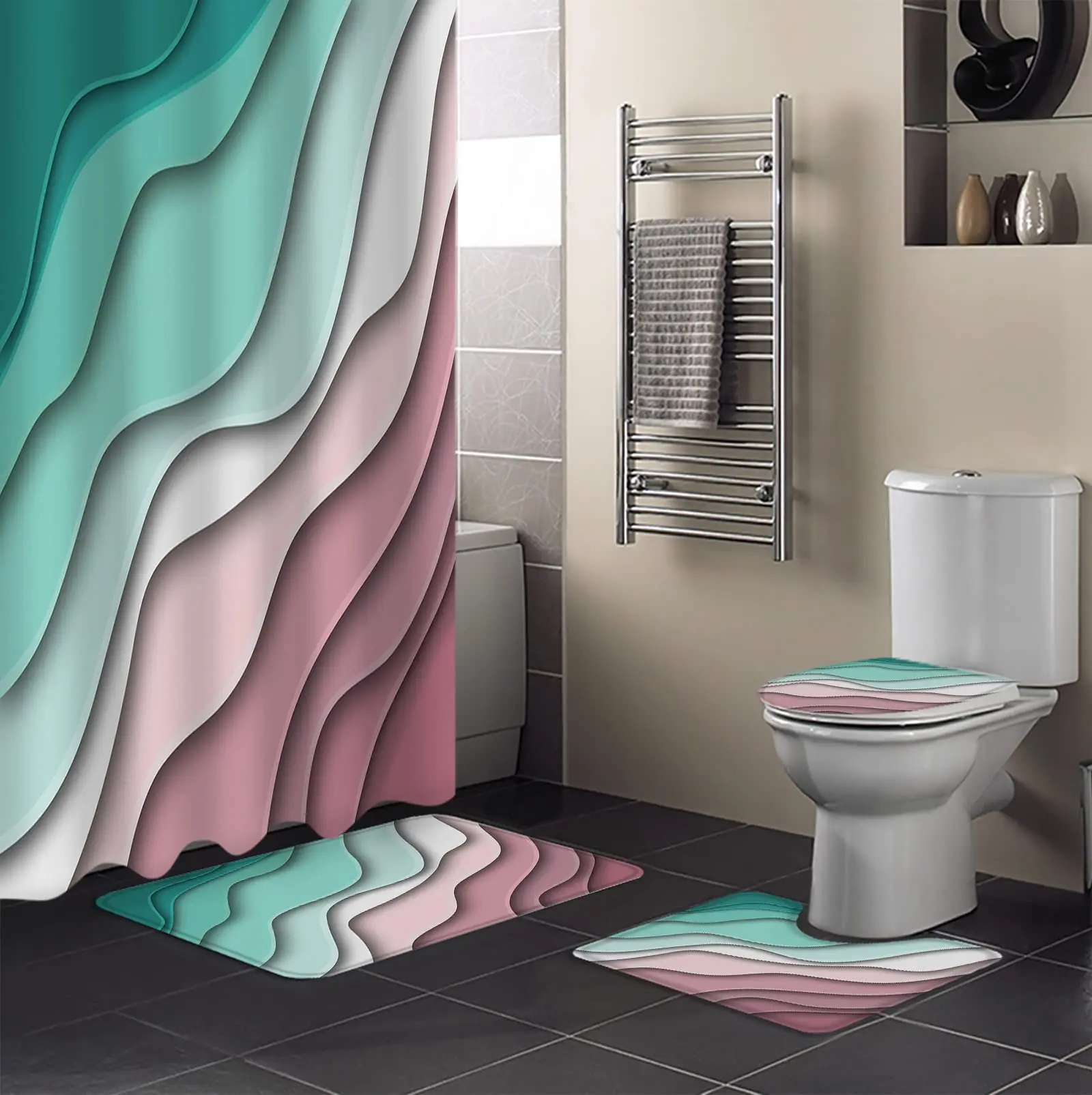 4Pcs Teal Blue Modern Geometric Shower Curtains Set for Bathroom Brown Abstract Ocean Wave Bathroom Sets, Rugs, Toilet Lid Cover