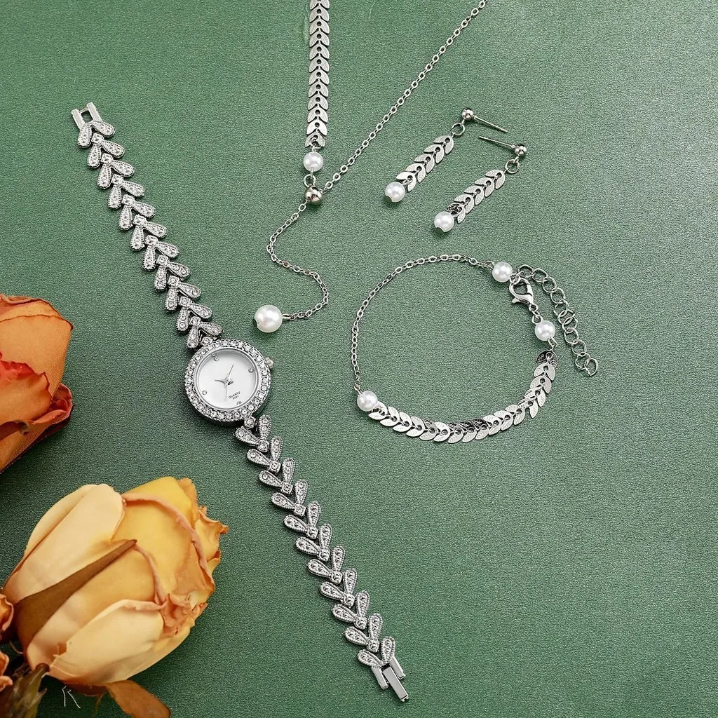 Kegllect 5PCS Fashion Women's Steel Band Watch Women's Exquisite Small Dial Watche Wheat Tassel Jewelry Set NO BOX