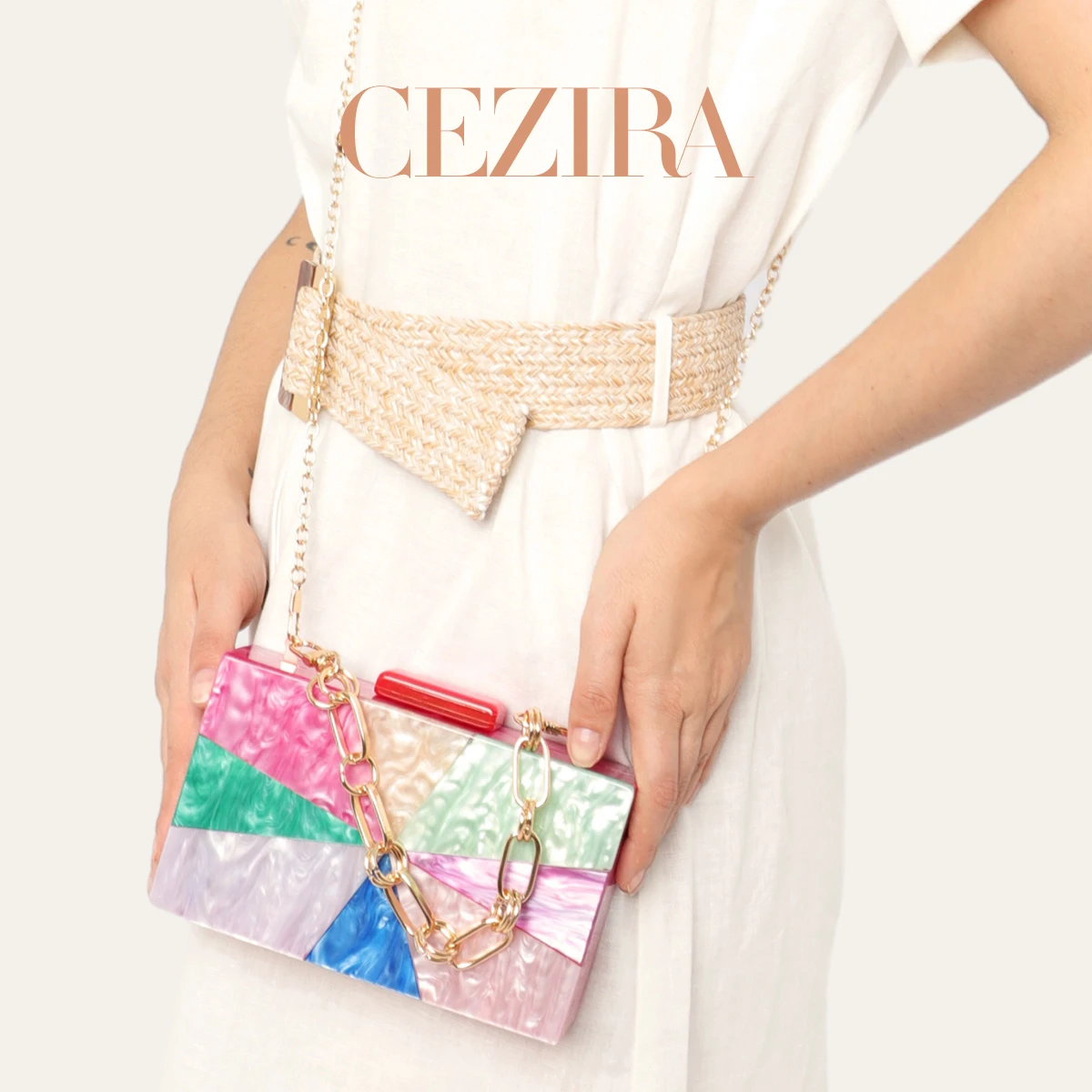 CR Luxury Color Block Acrylic Box Evening Bag For Women Fashion Matching Color Long Chain Short Chain Crossbody Clutch Fit Phone
