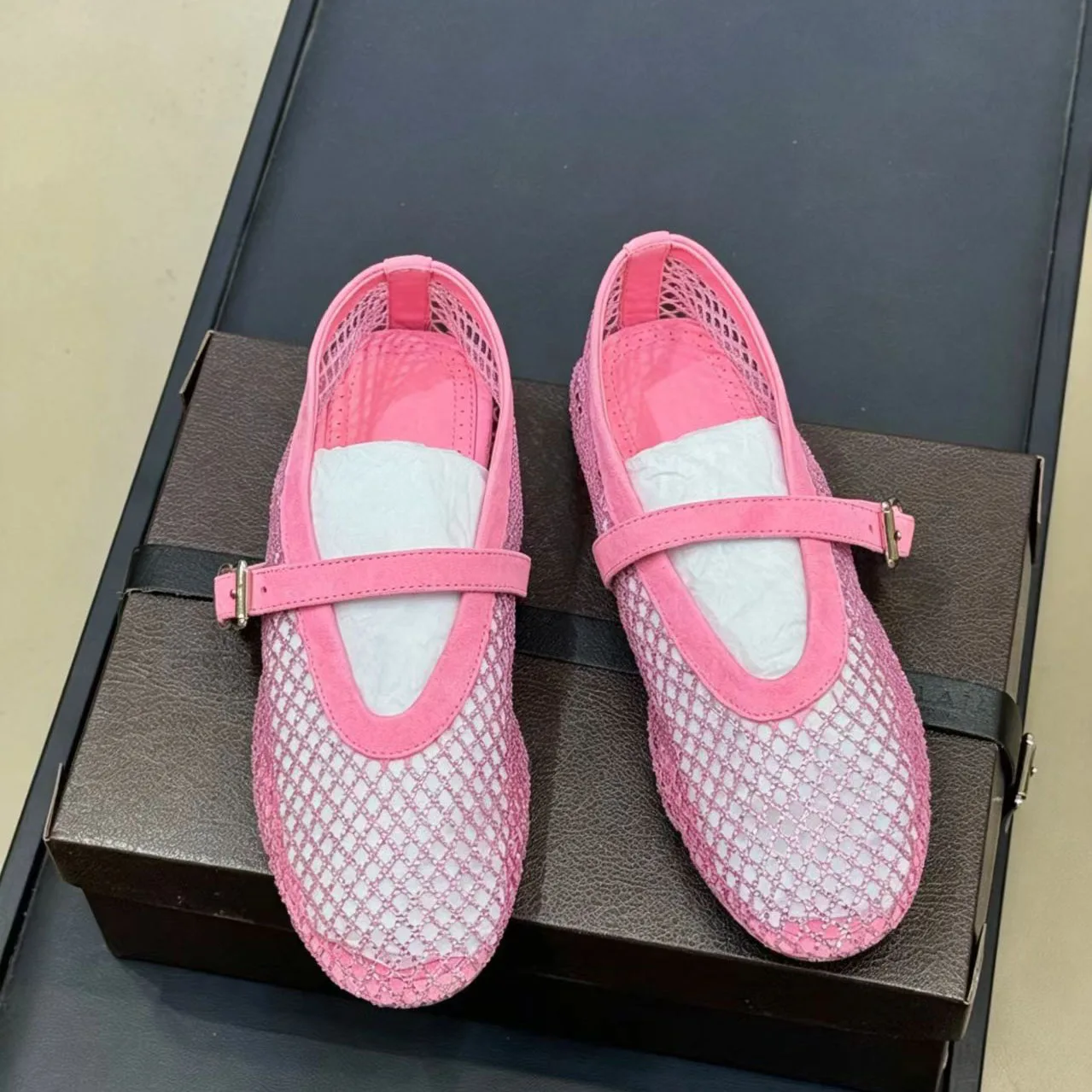 Women Mesh Ballet Flats Buckle Strap Crystal Fishnet Ballerina Flats Mary Jane Shoes