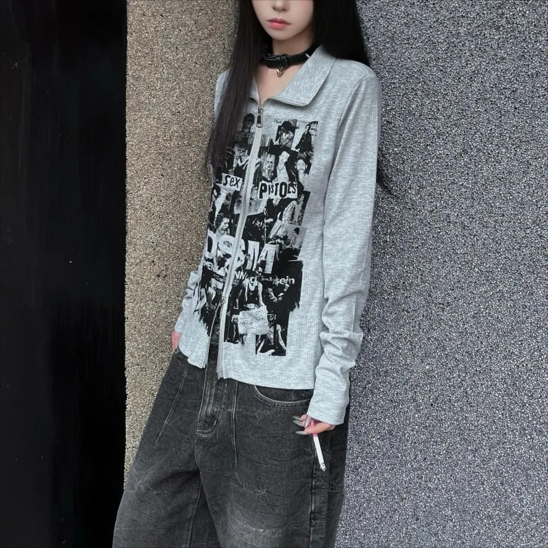Stand Collar Zipper Casual Thread Long-sleeved T-shirt Women 2025 Autumn New Streetwear Character Print Slim Gary Tops