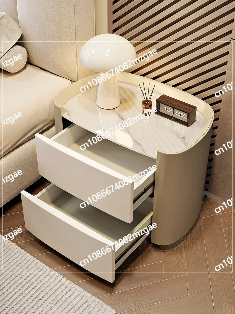Leather contrast color Italian style light luxury solid wood rock slab high-end bedroom bedside table, simple storage cabinet