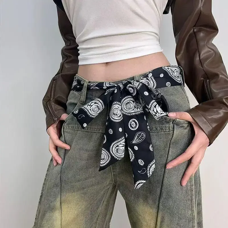 حزام خصر منقوش طويل نحيف مع وشاح ربطة عنق جينز - ربطة شعر عصرية وإكسسوار ديكور لملابس أنيقة #5