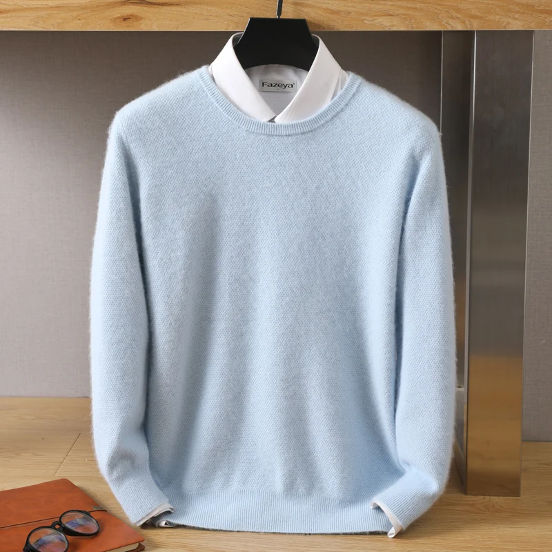 2023 Men\'s 100% Mink Sweater Cashmere Knitting Large Spring New High-End Warm Top Flat Round Neck Pullover Versatile